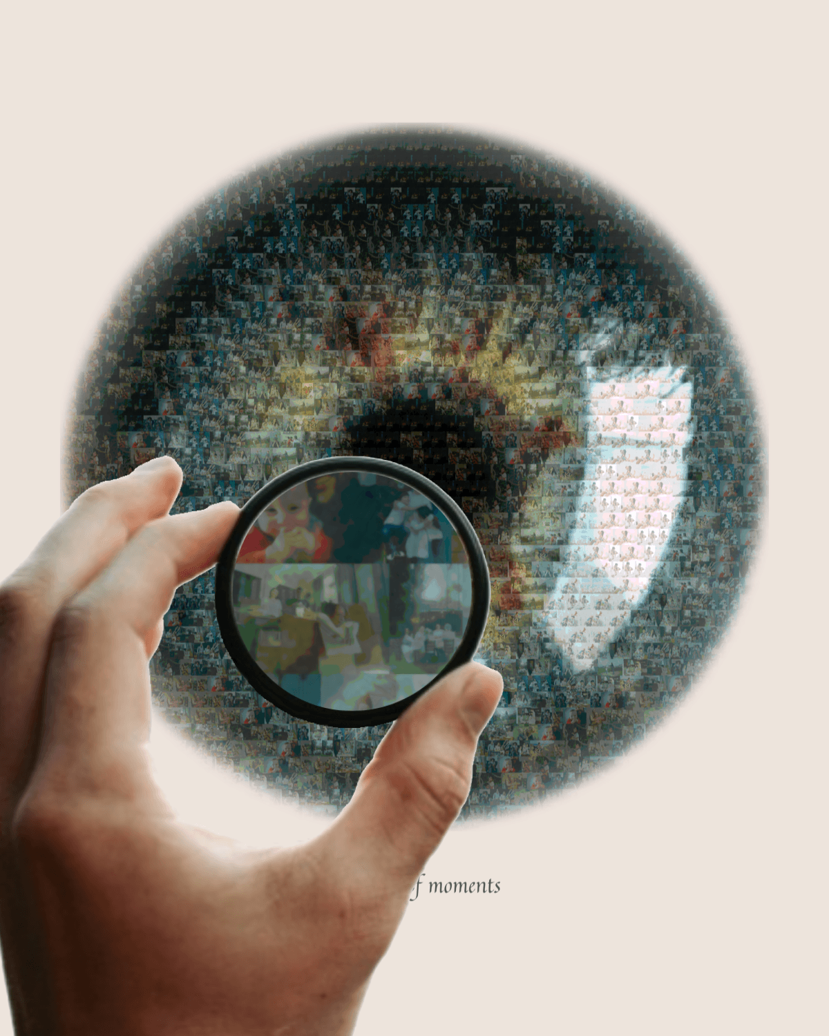 Close-up detail of an iris mosaic showing source photo tiles through a magnifying glass.