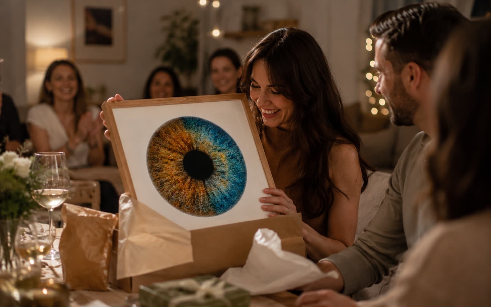 A woman smiling as she unwraps a framed iris mosaic print while friends celebrate around the table.