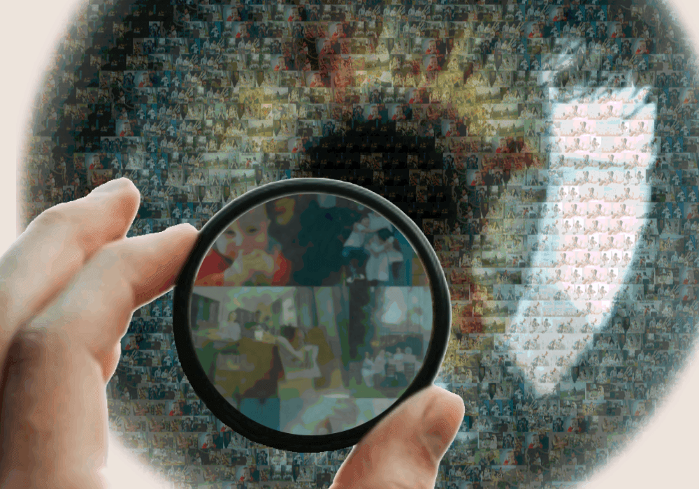 Close-up detail of an iris mosaic showing source photo tiles through a magnifying glass.