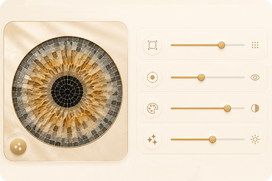 Automatic iris preparation with optional manual adjustment controls.