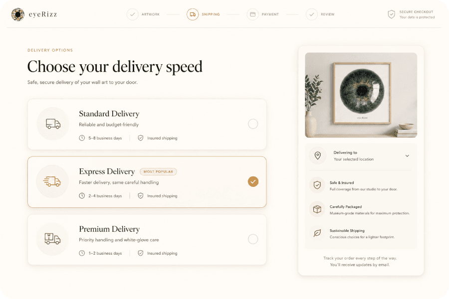 Shipping method selection interface for an iris mosaic order.