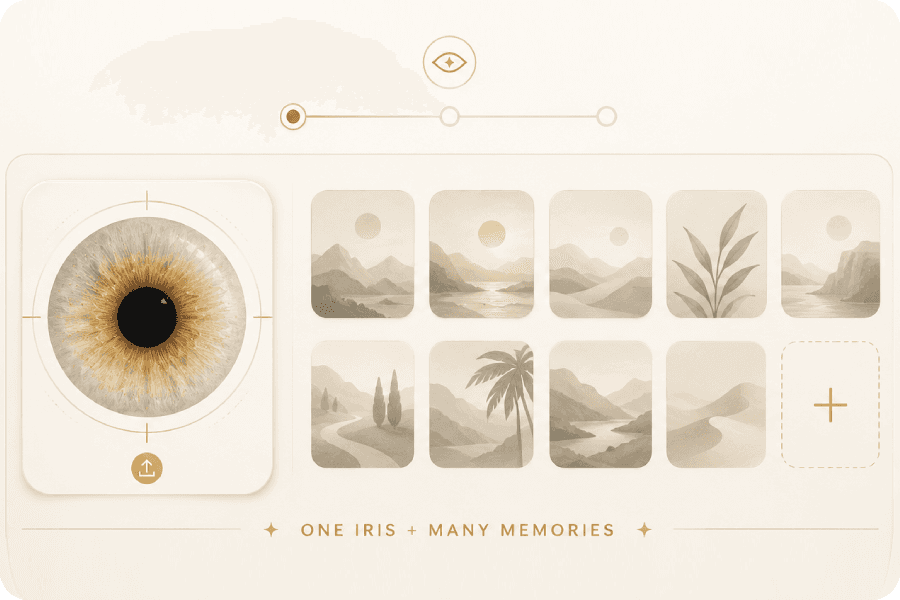 Upload step interface showing an iris image and memory photo tiles.