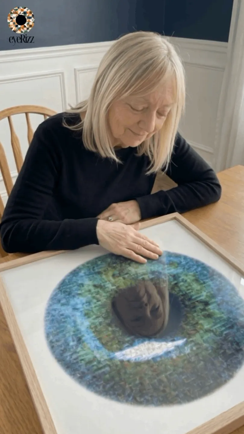 Customers admiring their finished iris mosaic prints.